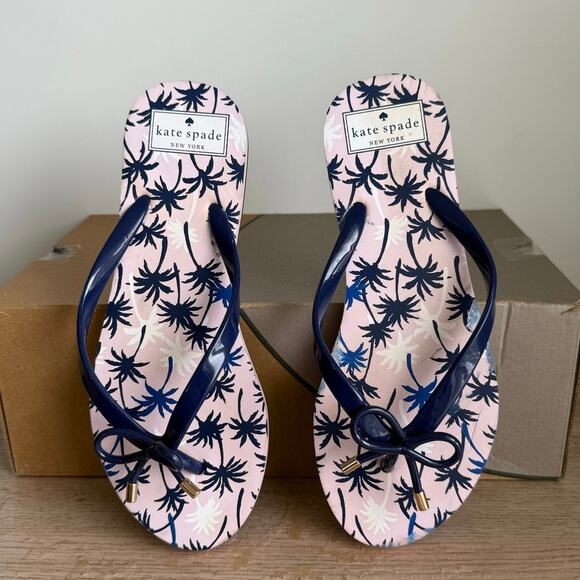 Kate Spade Pink/Blue Palm Trees Women Flip Flops-  W 7-8 - Picture 1 of 12